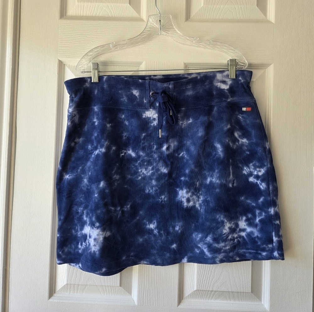 Tommy Hilfiger Mini Skirt XL 100% Cotton Tie Dye Drawstring Skirt in Sky Captain - Picture 1 of 5